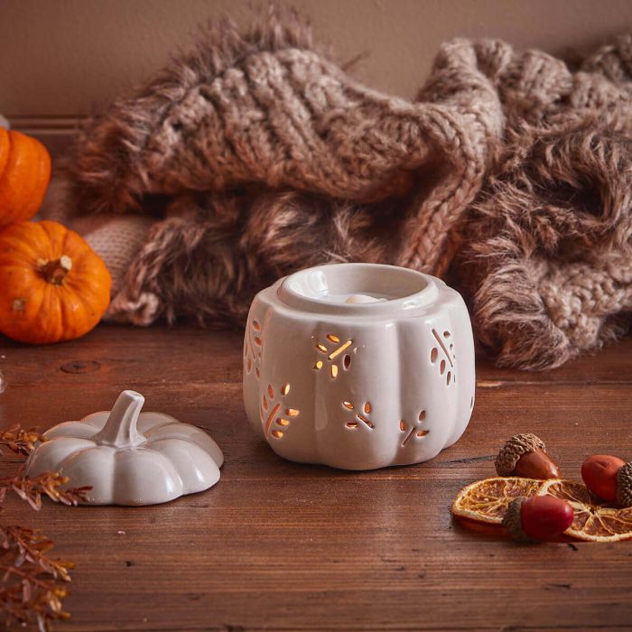 AUTUMN PUMPKIN WAX MELT BURNER WHITE CUTOUT CERAMIC