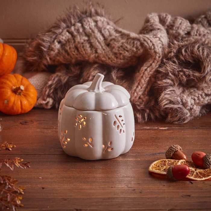 AUTUMN PUMPKIN WAX MELT BURNER WHITE CUTOUT CERAMIC